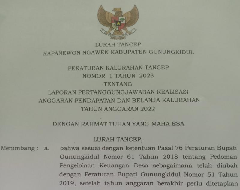 Peraturan Kalurahan Tancep Nomor 1 Tahun 2023 Tentang Laporan Pe